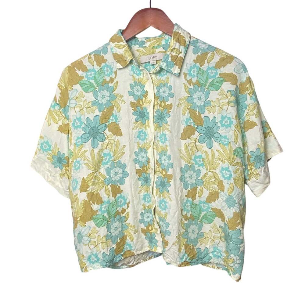 Loft Linen Blend Resort Wear Vacation Cruise Beach Button Crop Top Size Small